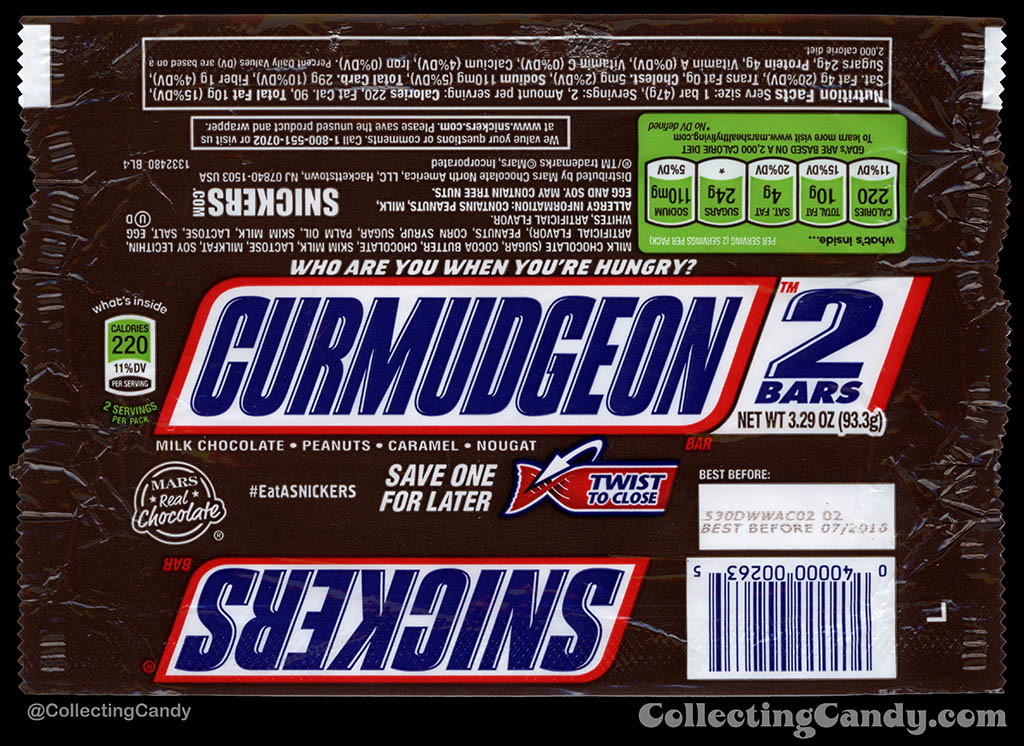 Mars - Snickers 2-Bars - EatASnickers trait bar - Curmudgeon - 3.29 oz chocolate candy bar wrapper - 2015