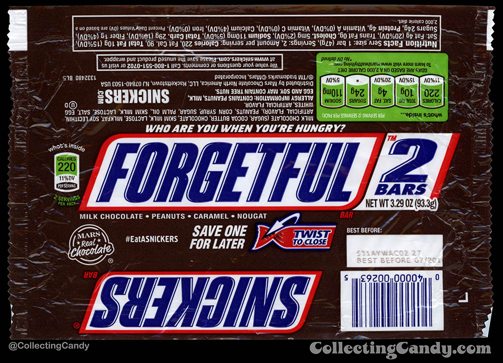 Mars - Snickers 2-Bars - EatASnickers trait bar - Forgetful - 3.29 oz chocolate candy bar wrapper - 2015