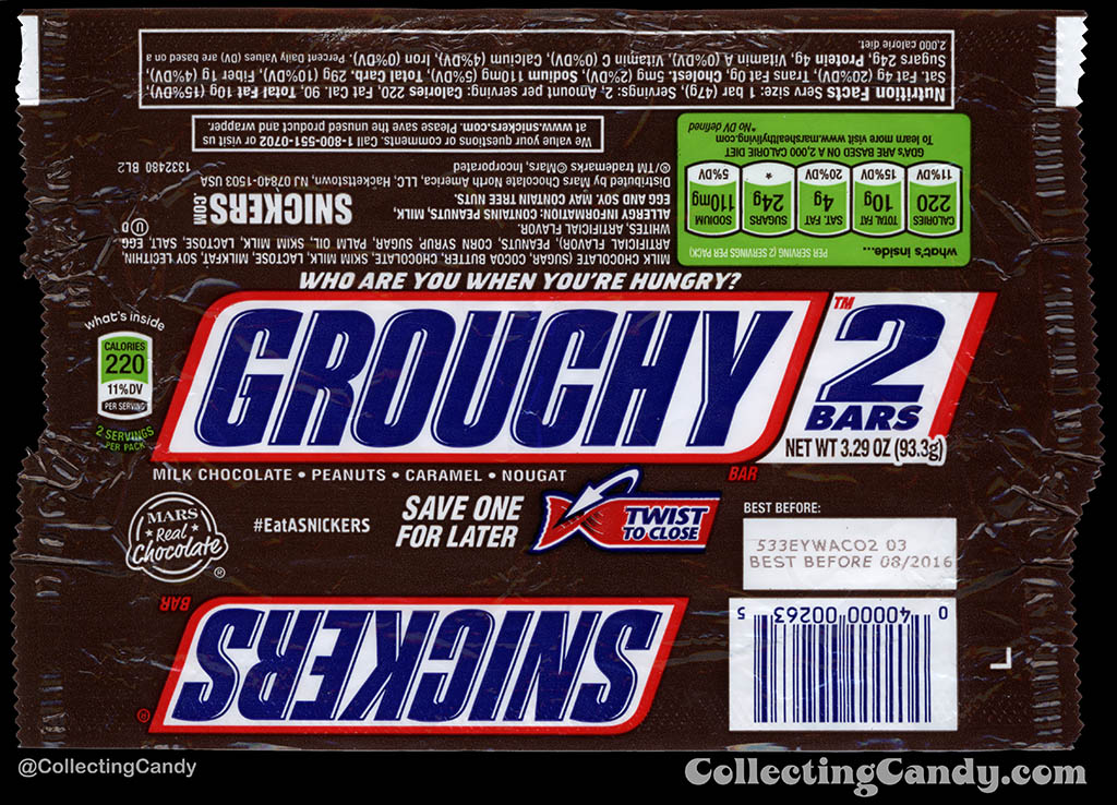 Mars - Snickers 2-Bars - EatASnickers trait bar - Grouchy - 3.29 oz chocolate candy bar wrapper - 2015