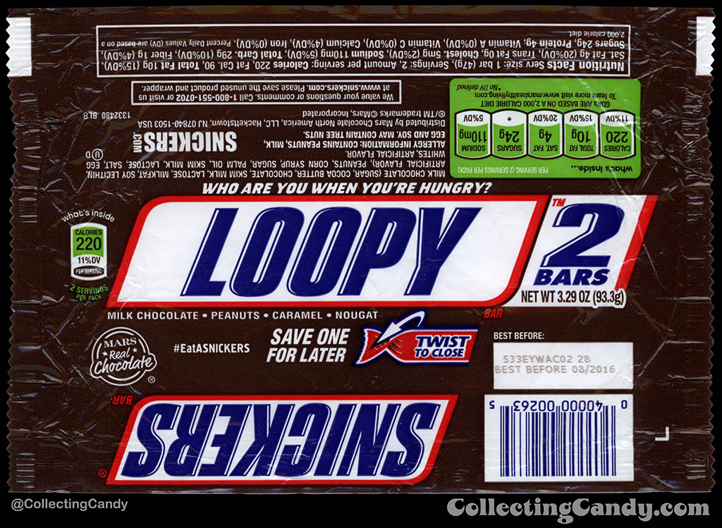 Mars - Snickers 2-Bars - EatASnickers trait bar - Loopy - 3.29 oz chocolate candy bar wrapper - 2015