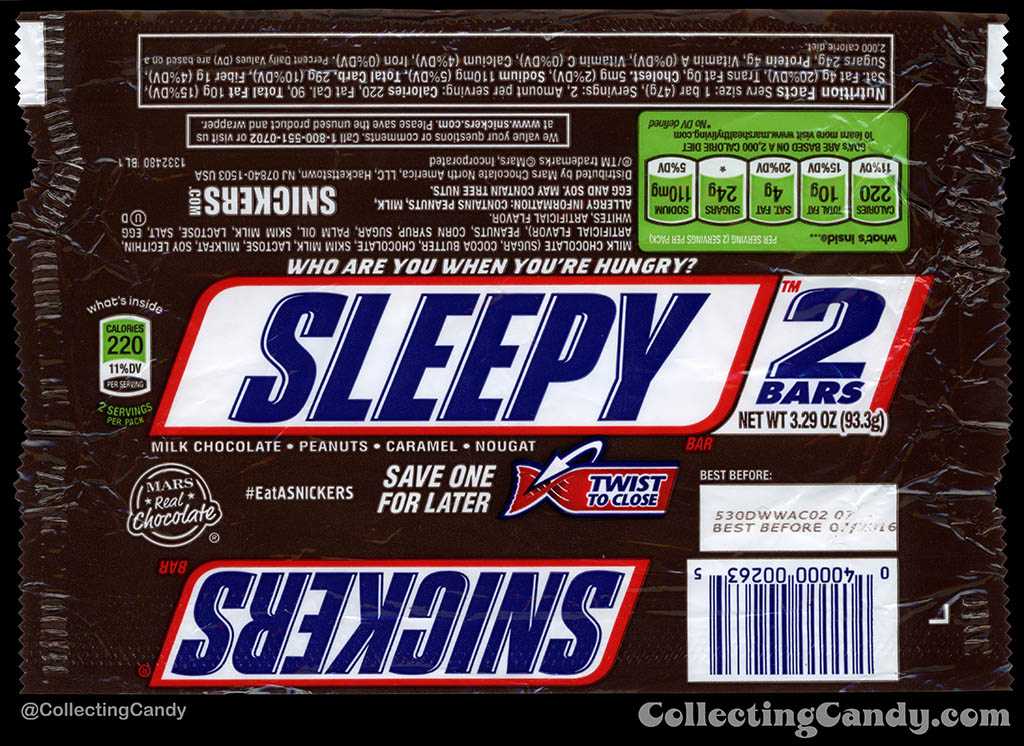 Mars - Snickers 2-Bars - EatASnickers trait bar - Sleepy - 3.29 oz chocolate candy bar wrapper - 2015