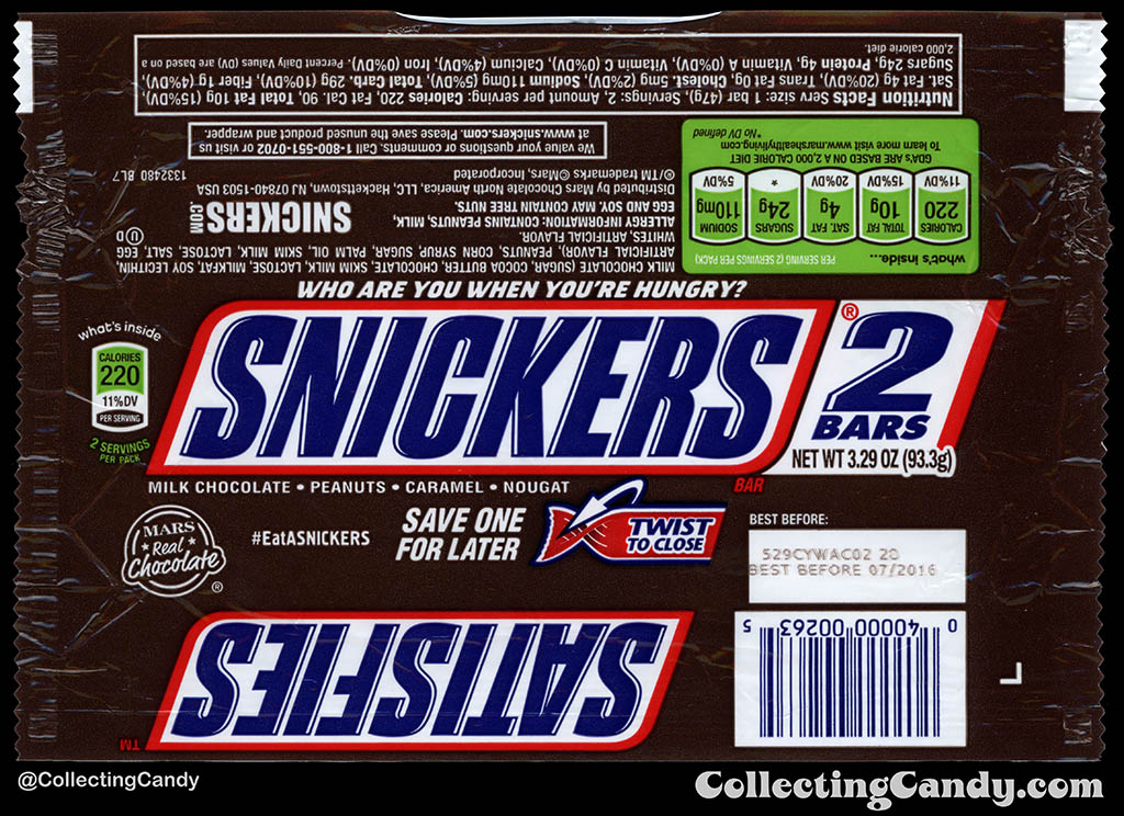Mars - Snickers 2-Bars - EatASnickers trait bar - Snickers Satisfies - 3.29 oz chocolate candy bar wrapper - 2015
