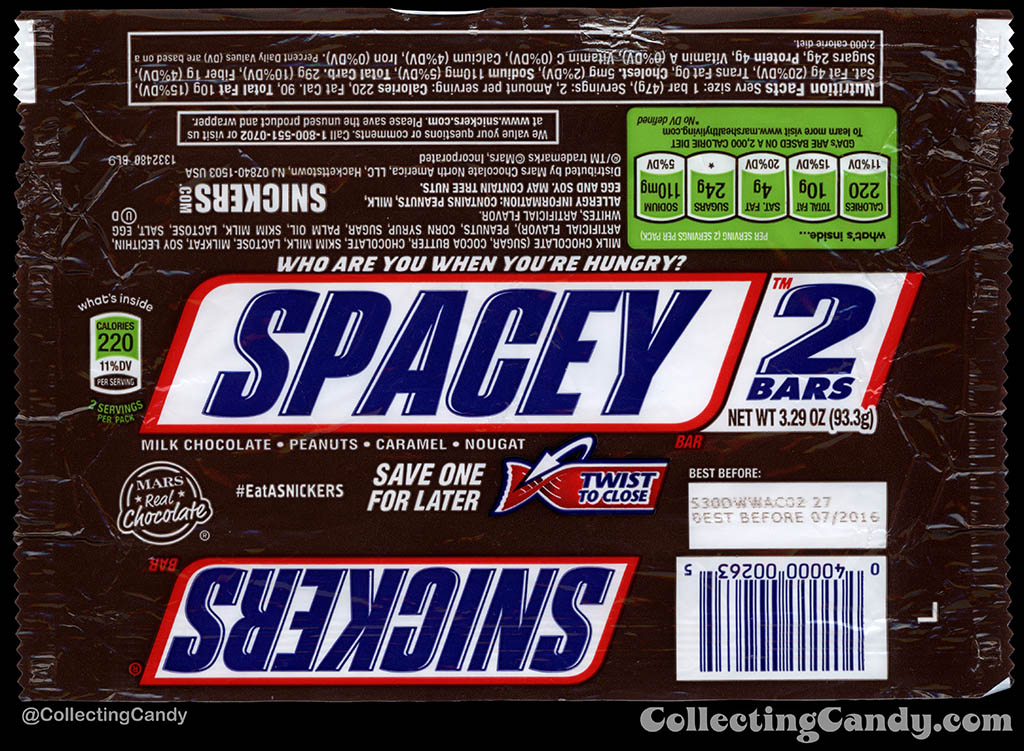 Mars - Snickers 2-Bars - EatASnickers trait bar - Spacey - 3.29 oz chocolate candy bar wrapper - 2015