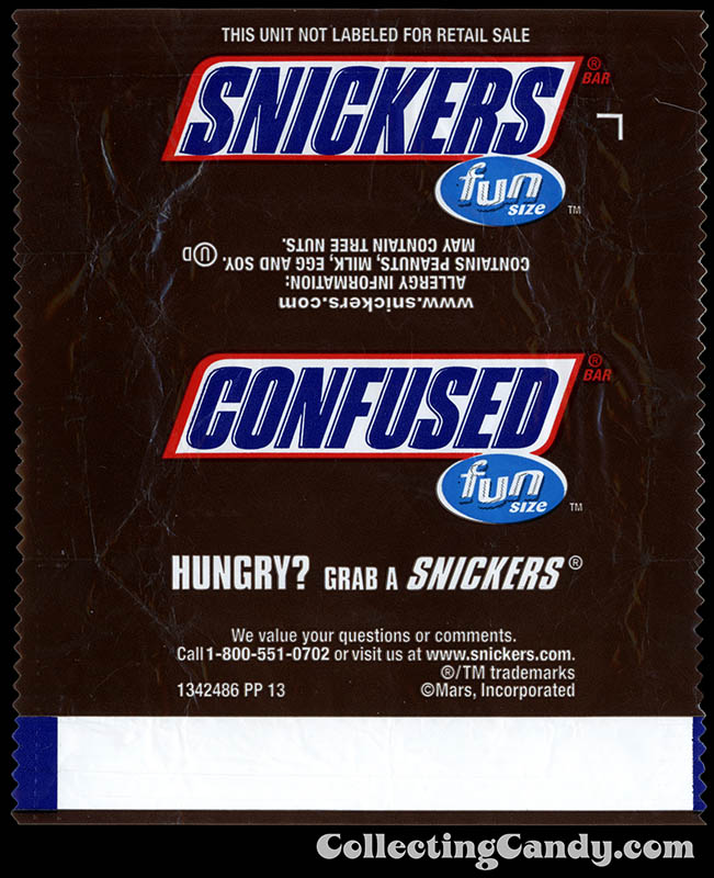Mars - Snickers - EatASnickers Fun Size trait bar - Confused - Fun Size chocolate candy bar wrapper - January 2016