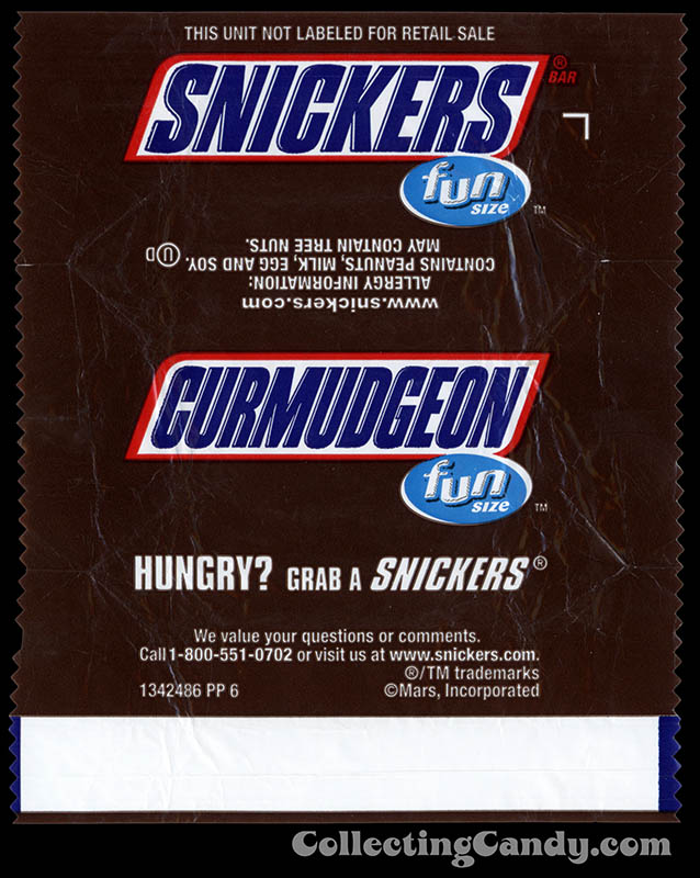 Mars - Snickers - EatASnickers Fun Size trait bar - Curmudgeon - Fun Size chocolate candy bar wrapper - January 2016