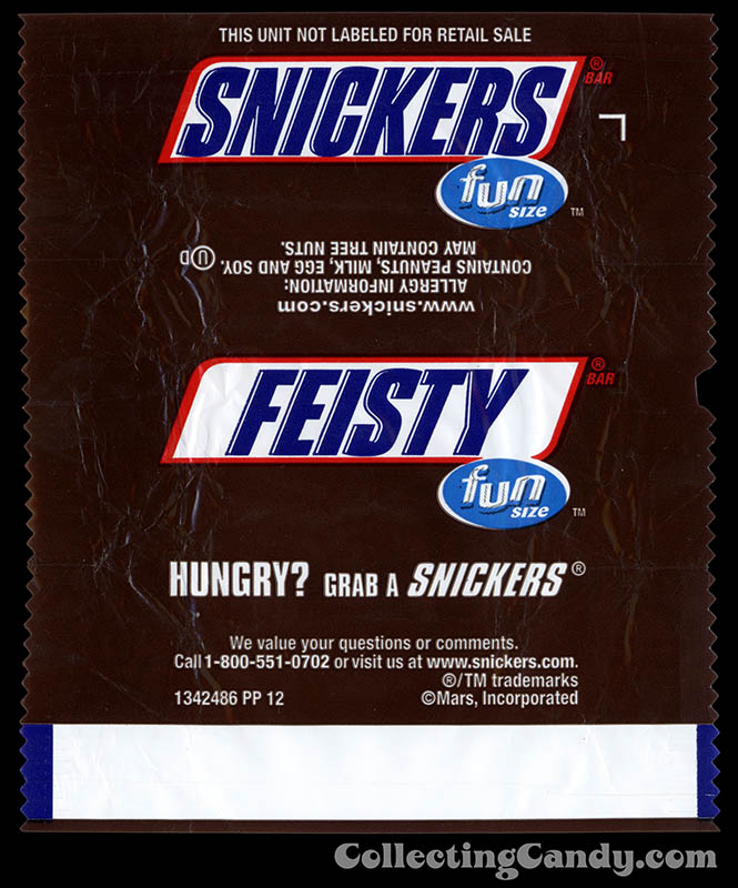 Mars - Snickers - EatASnickers Fun Size trait bar - Feisty - Fun Size chocolate candy bar wrapper - January 2016