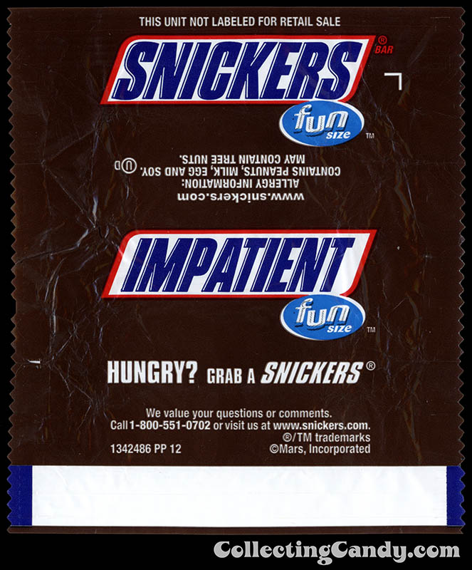 Mars - Snickers - EatASnickers Fun Size trait bar - Impatient - Fun Size chocolate candy bar wrapper - January 2016