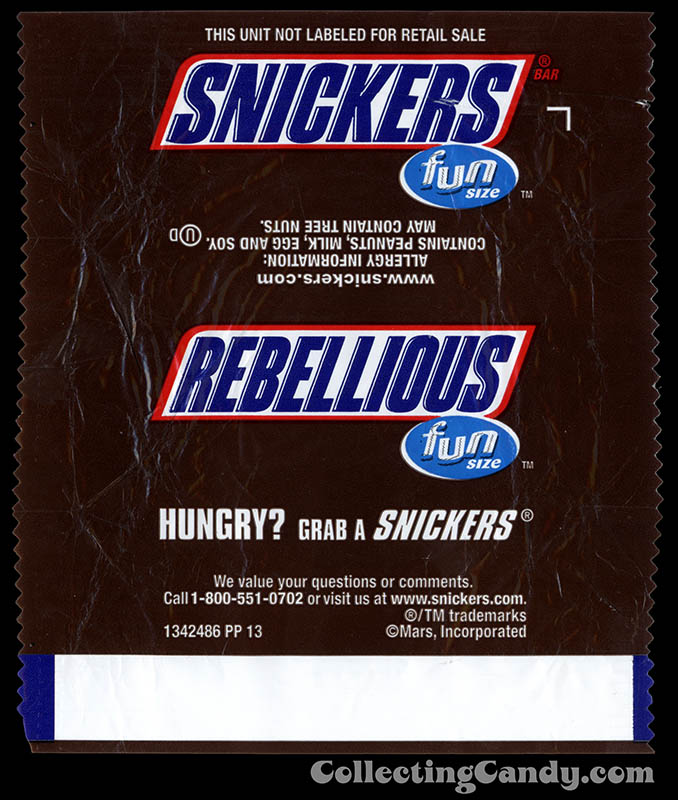 Mars - Snickers - EatASnickers Fun Size trait bar - Rebellious - Fun Size chocolate candy bar wrapper - January 2016