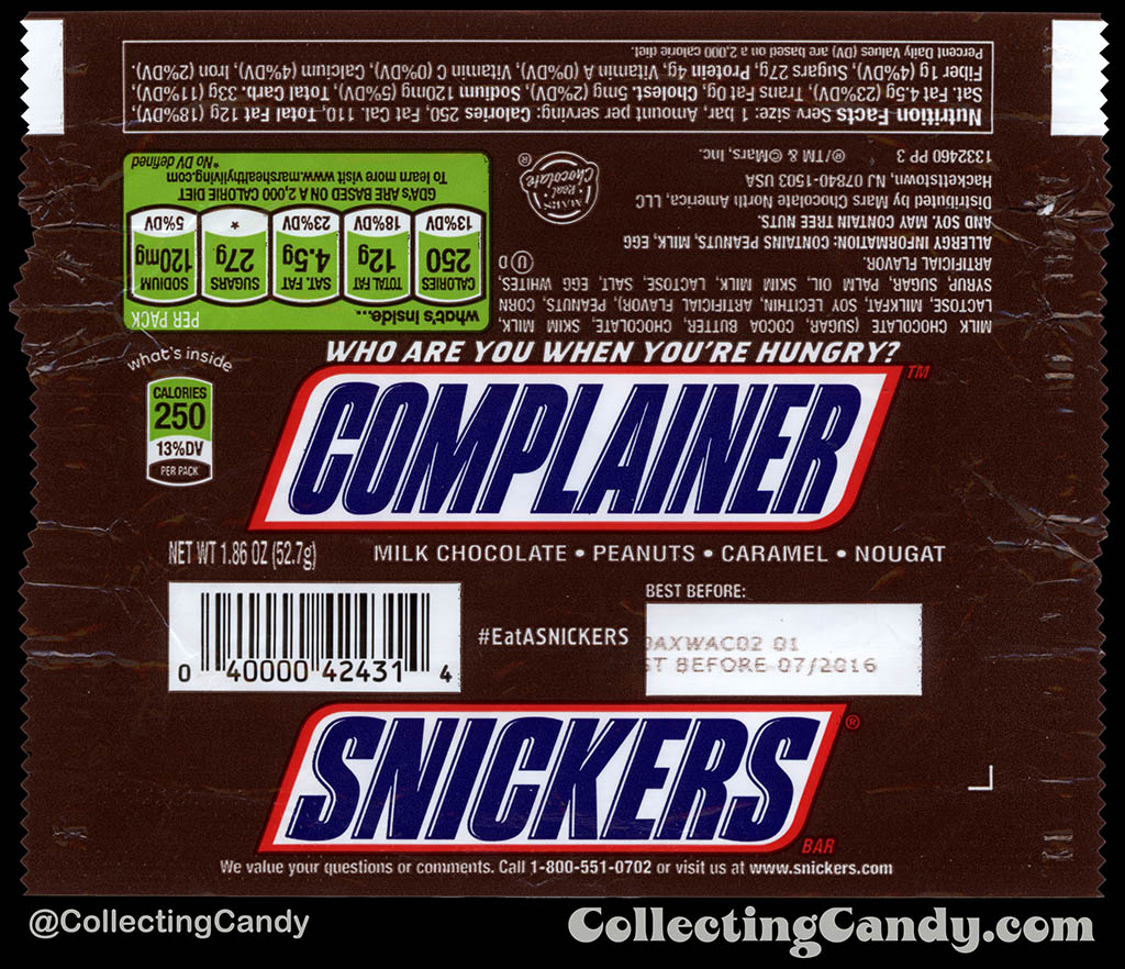 Mars - Snickers - EatASnickers trait bar - Complainer - 1.86 oz chocolate candy bar wrapper - 2015