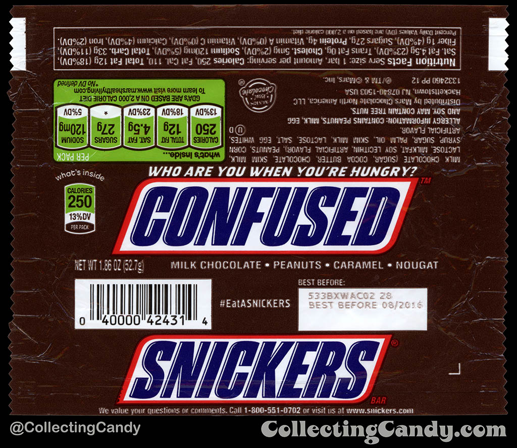 Mars - Snickers - EatASnickers trait bar - Confused - 1.86 oz chocolate candy bar wrapper - 2015