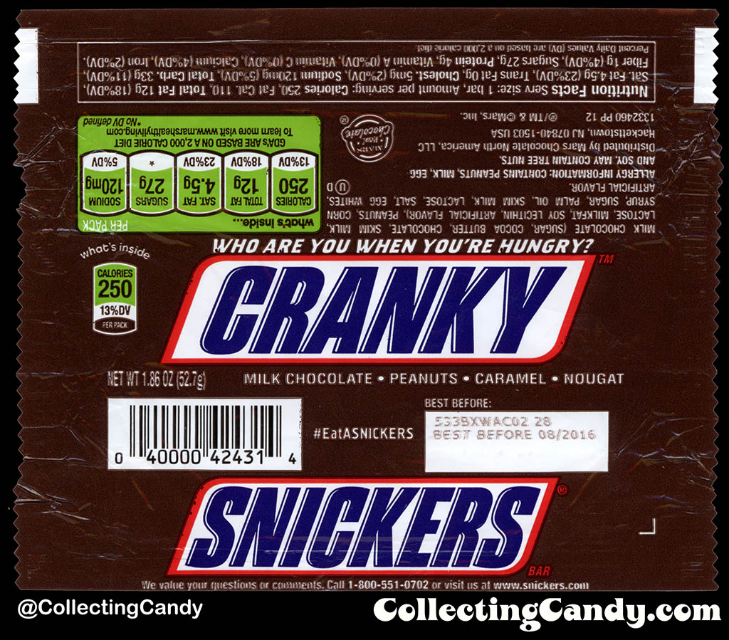 Mars - Snickers - EatASnickers trait bar - Cranky - 1.86 oz chocolate candy bar wrapper - 2015