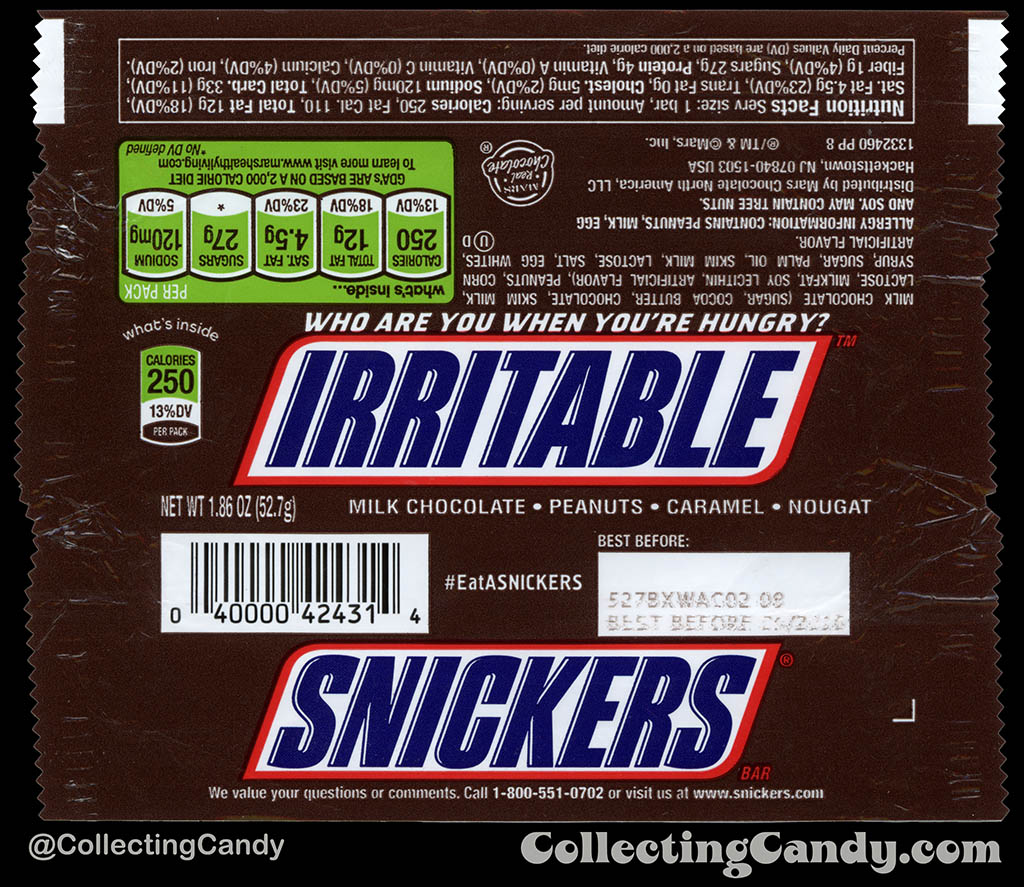 Mars - Snickers - EatASnickers trait bar - Irritable - 1.86 oz chocolate candy bar wrapper - 2015