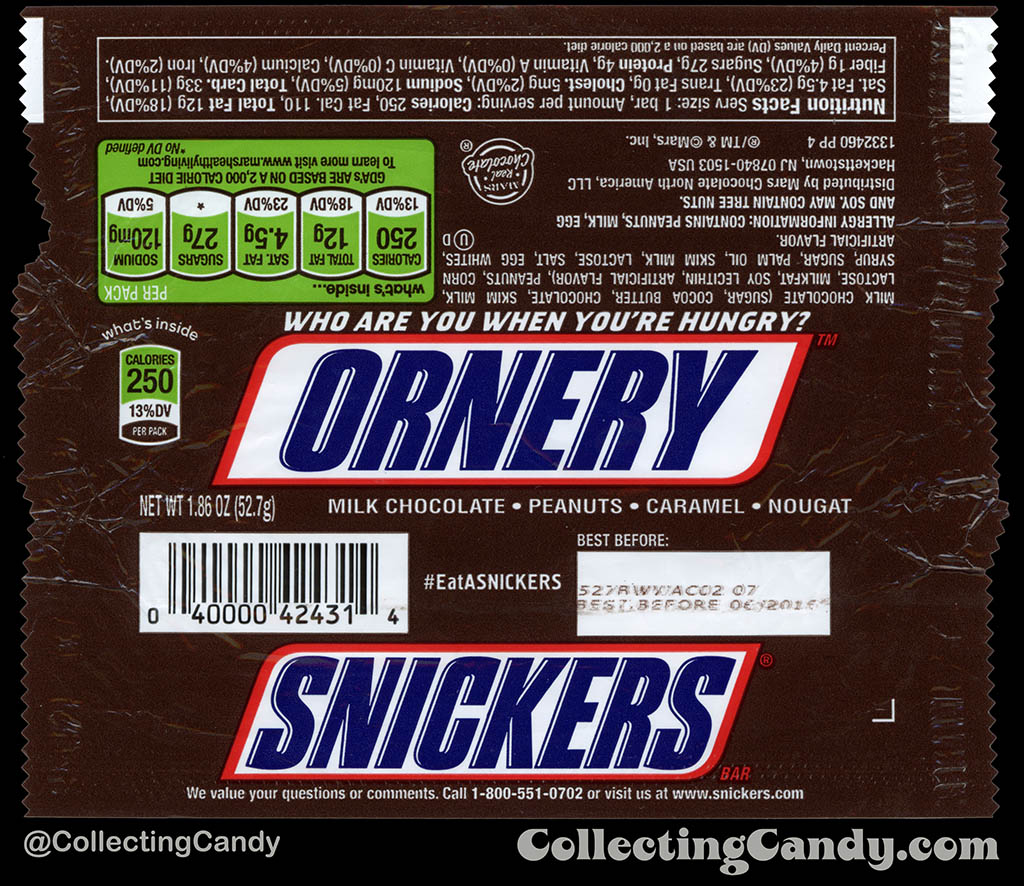 Mars - Snickers - EatASnickers trait bar - Ornery - 1.86 oz chocolate candy bar wrapper - 2015