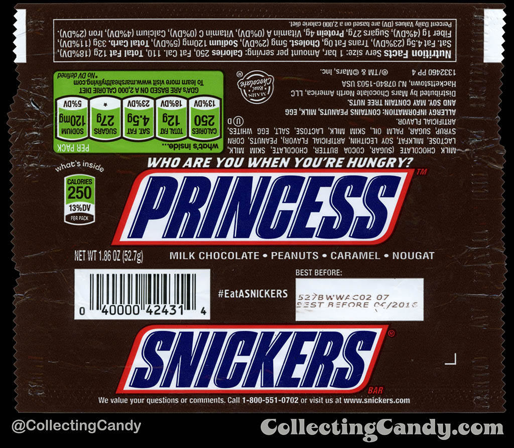 Mars - Snickers - EatASnickers trait bar - Princess - 1.86 oz chocolate candy bar wrapper - 2015