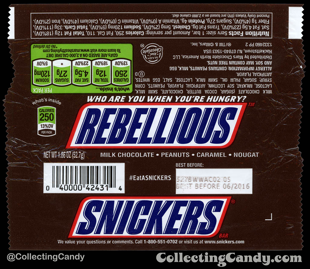 Mars - Snickers - EatASnickers trait bar - Rebellious - 1.86 oz chocolate candy bar wrapper - 2015