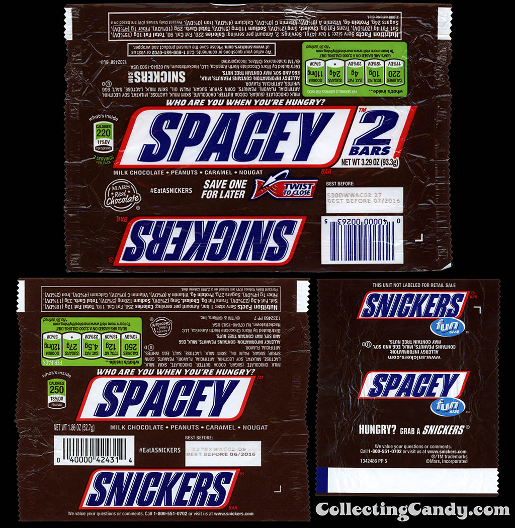 Mars - Snickers - EatASnickers trait bar - Spacey - three size bar wrapper comparison - 2015