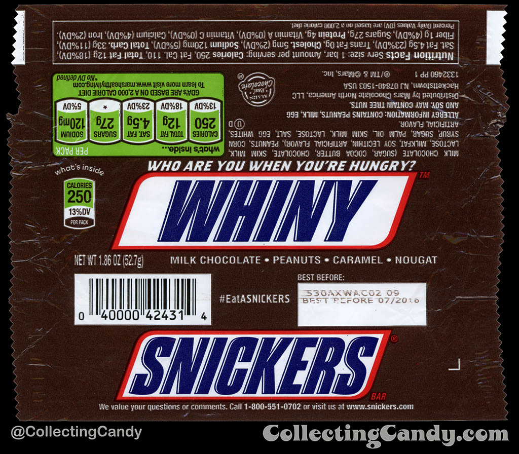 Mars - Snickers - EatASnickers trait bar - Whiny - 1.86 oz chocolate candy bar wrapper - 2015