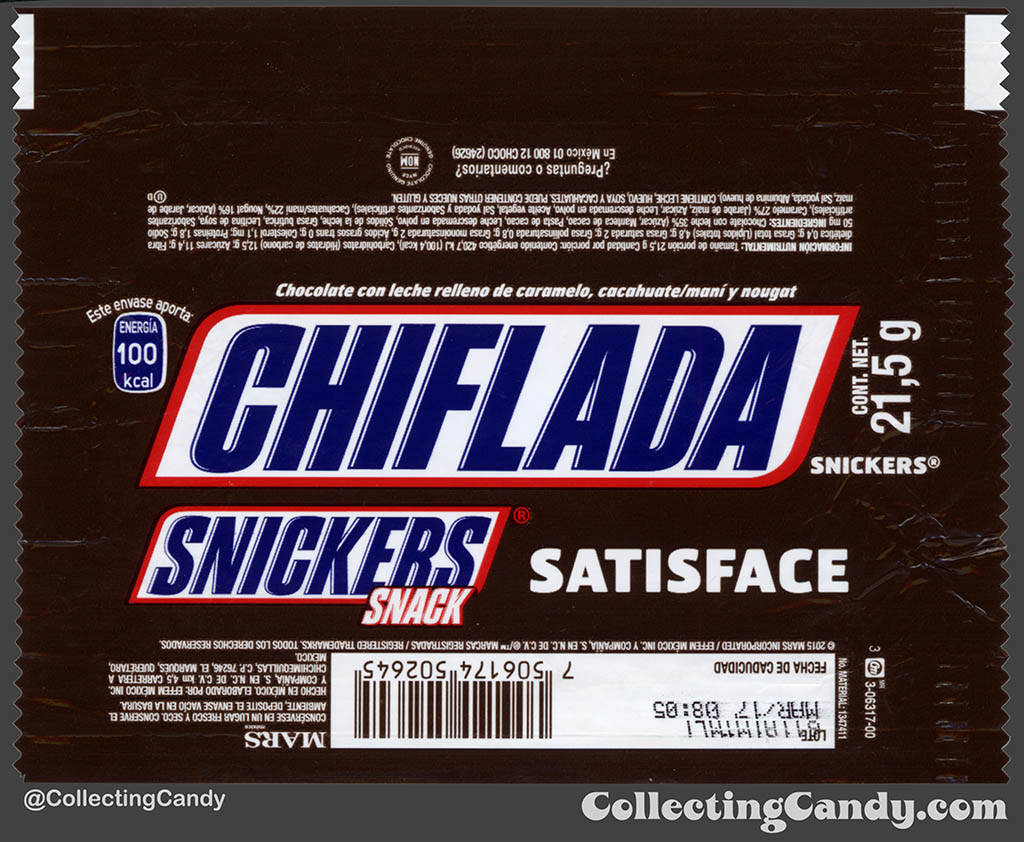 Mexico - Mars - Snickers Snack Size - Satisface - Chiflada - Crazy - 21,5 g bar wrapper - 2016