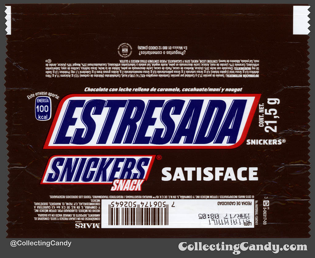 Mexico - Mars - Snickers Snack Size - Satisface - Estresada - Stressed - 21,5 g bar wrapper - 2016