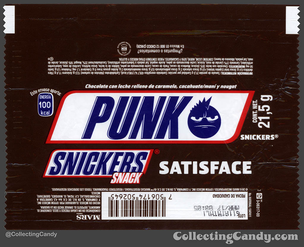 Mexico - Mars - Snickers Snack Size - Satisface - Punk Emoji - 21,5 g bar wrapper - 2016