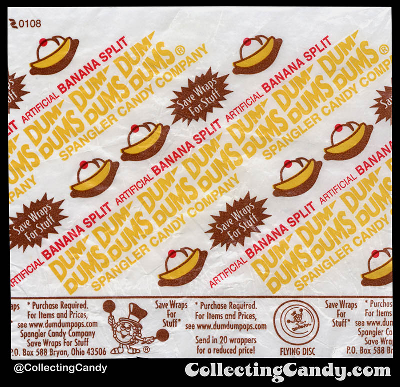 Spangler - Dum Dums Pops - Banana Split - lollipop candy wrapper - 2008