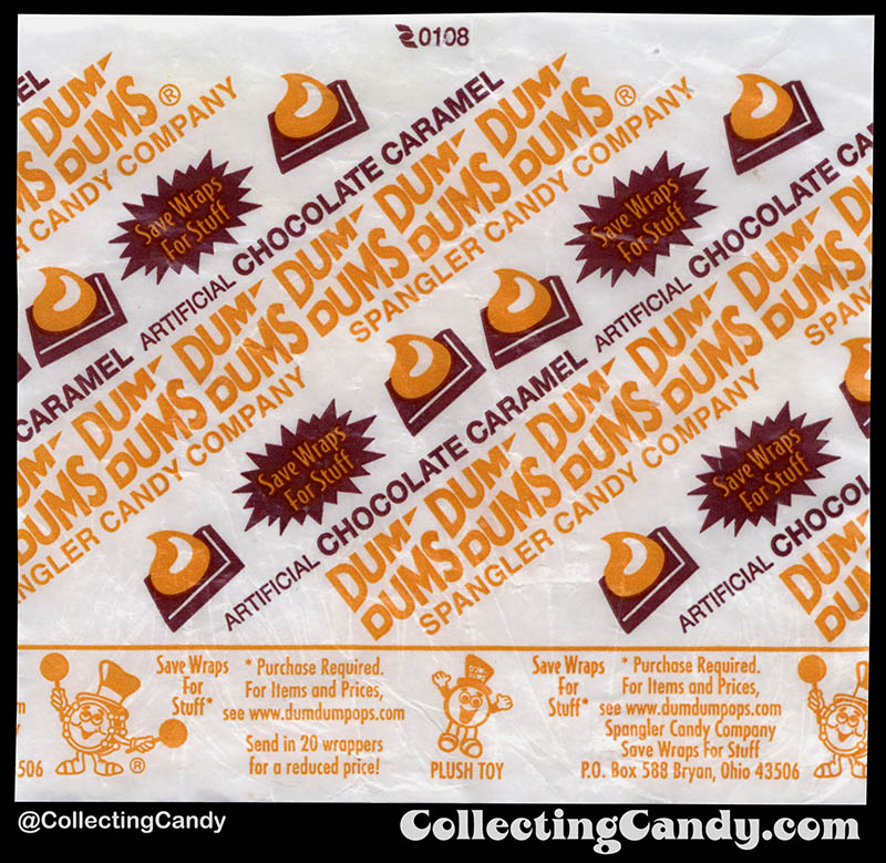 Spangler - Dum Dums Pops - Chocolate Caramel - lollipop candy wrapper - 2008