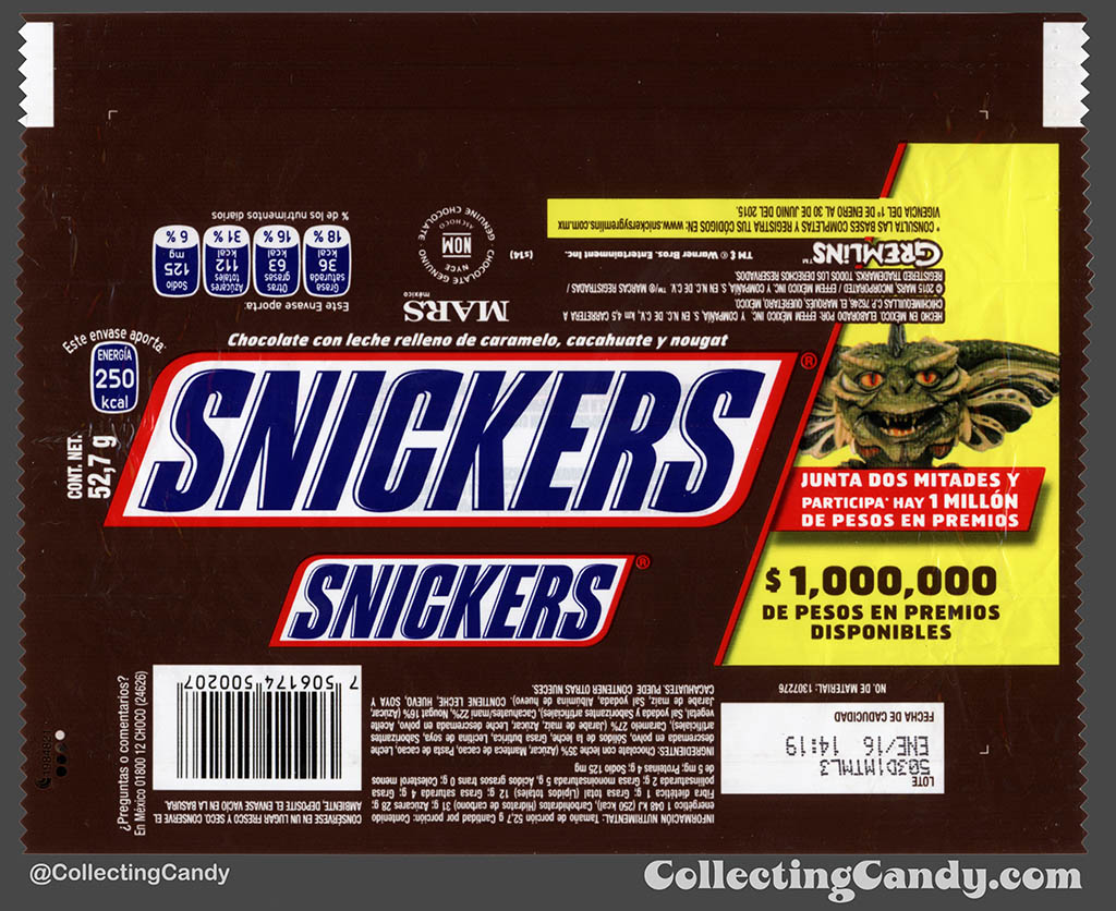 Mexico - Mars - Snickers - Gremlins promo - 52,7 g candy bar wrapper - 2015