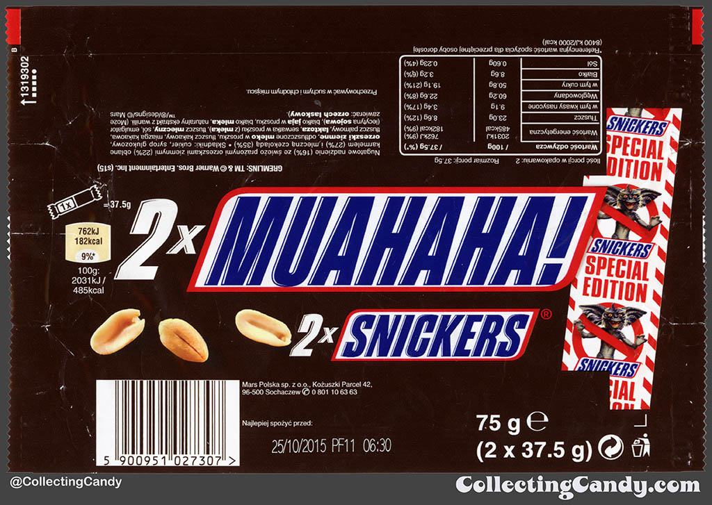 Poland - Mars - Snickers Gremlins Special Edition 2x - Muahaha - 75g chocolate candy bar wrapper - 2015