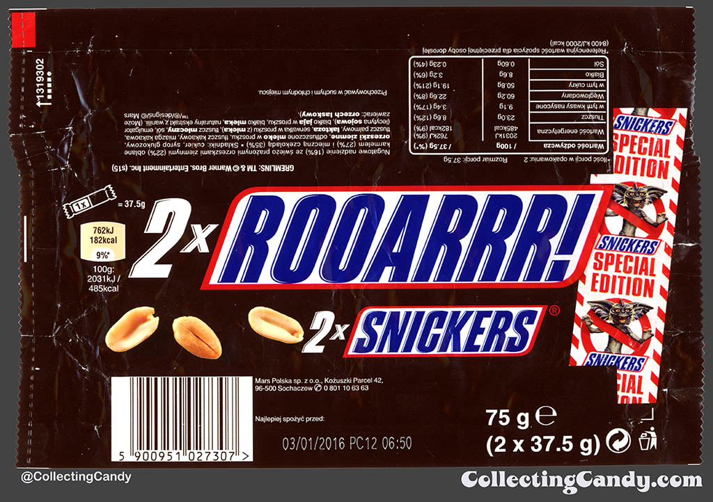 Poland - Mars - Snickers Gremlins Special Edition 2x - Rooarrr! - 75g chocolate candy bar wrapper - 2015