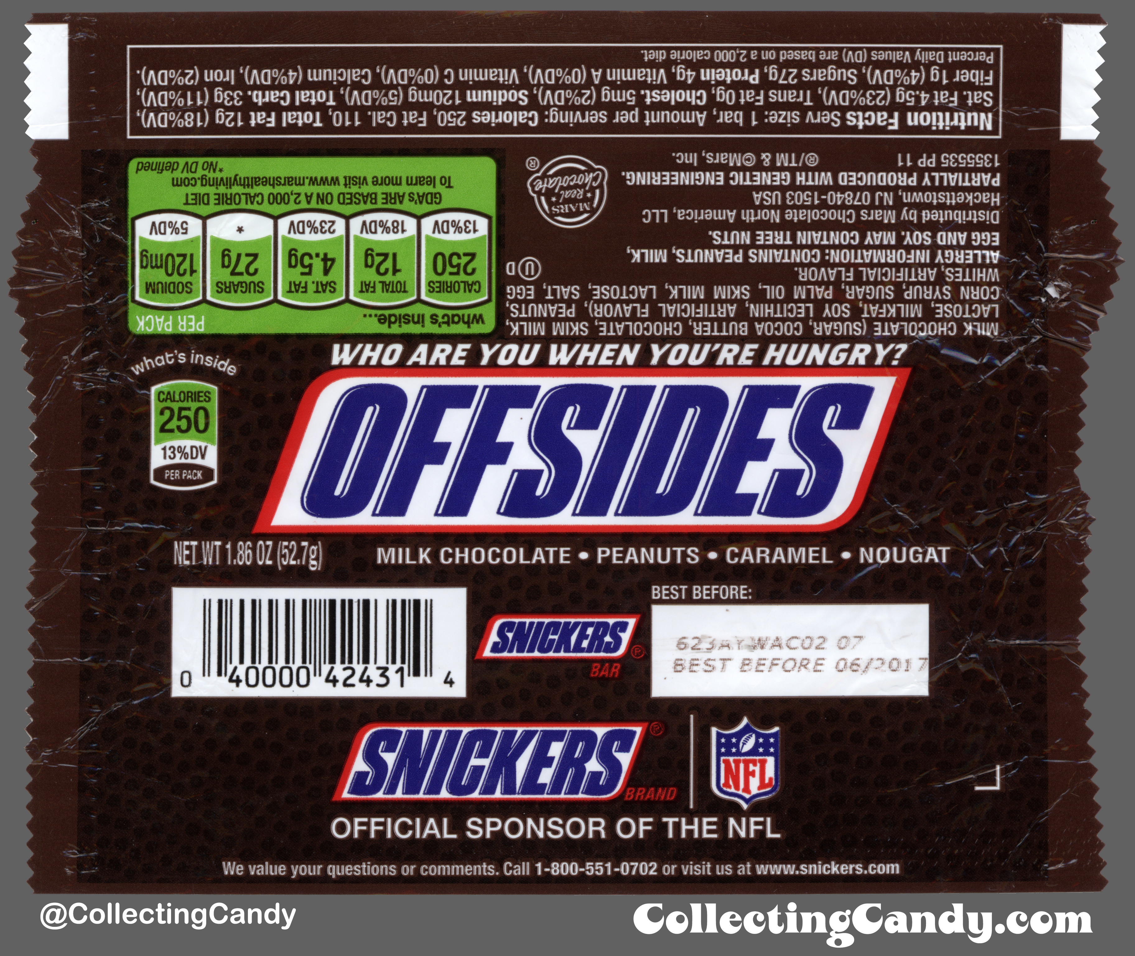 Mars - Snickers - EatASnickers NFL - Offsides - 1.86 oz chocolate candy bar wrapper - 2016